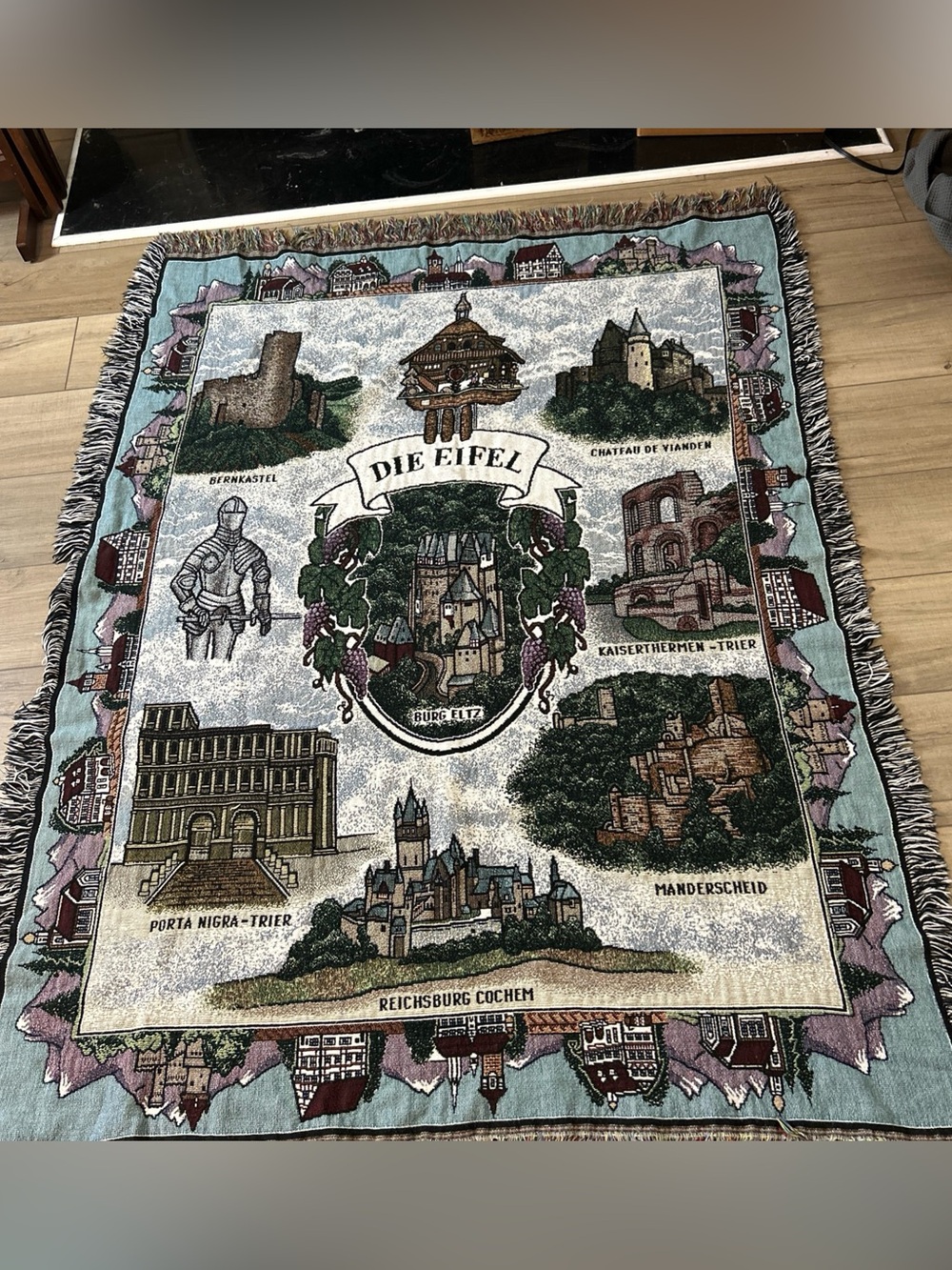 Vintage Woven Tapestry Throw Blanket Afghan European Buildings Cottage Cabin